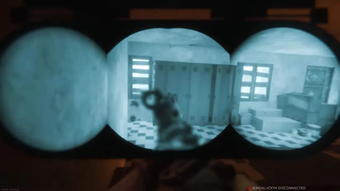 Operator V0.9 gameplay screenshot showing clear interior windows and doors through a scope view
