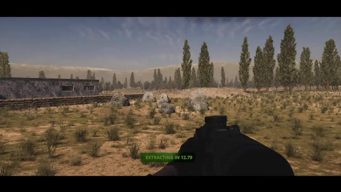 Operator V0.9 extraction countdown screen during helicopter exfil in desert terrain