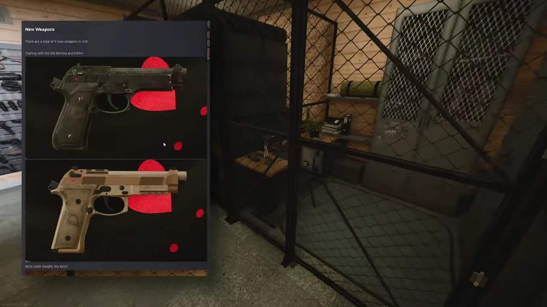 Operator V0.9 new weapons menu with pistol models in the armory