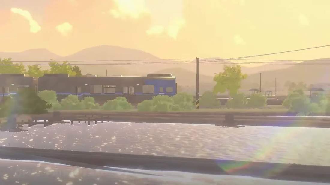 Train track scene with sunset lighting and a train passing in a cozy game environment
