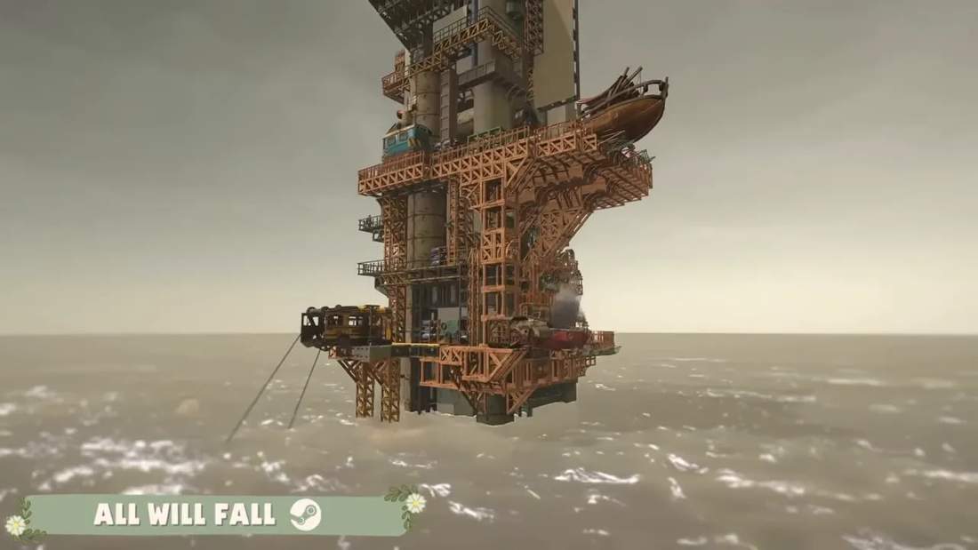Orwal 4 large industrial structure floating above water with “ALL WILL FALL” banner