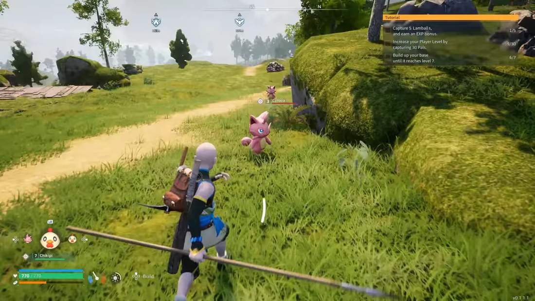 Palworld gameplay with a character facing a small Pal on a grassy trail while the tutorial objective is shown