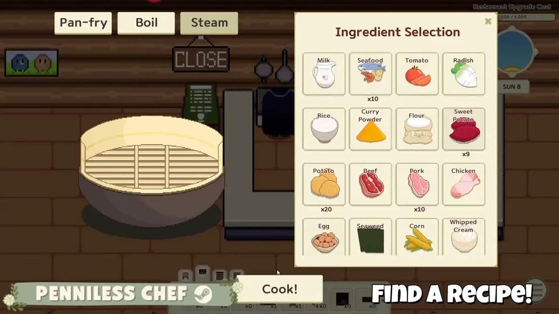 Penniless Chef ingredient selection screen with dairy, seafood, tomato, radish, and other items ready to cook