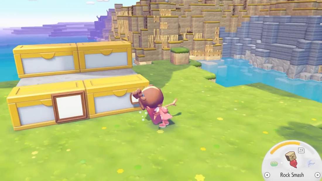 Front-facing storage chests with frames attached in a platform-style build in Pok&eacute;mon Pokopia