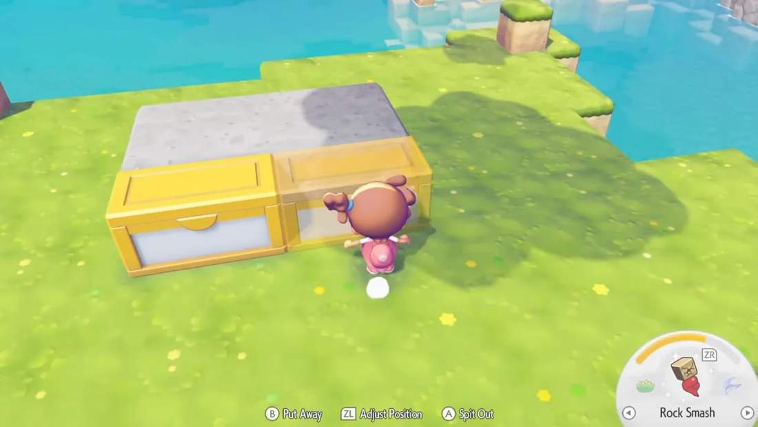 Platform-style storage chest aligned on a block platform in Pok&eacute;mon Pokopia