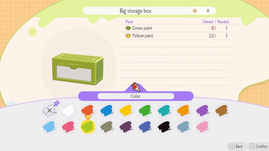 Big storage box paint menu with green paint highlighted and color options