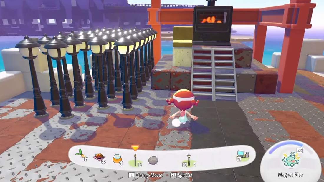 Pokopia character standing near a utility pole street-lamp row with furnace powering the lights