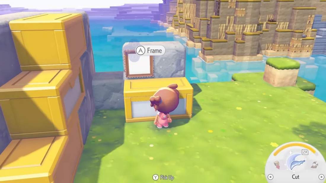 Player standing in front of a storage chest where the frame interaction prompt appears in Pok&eacute;mon Pokopia