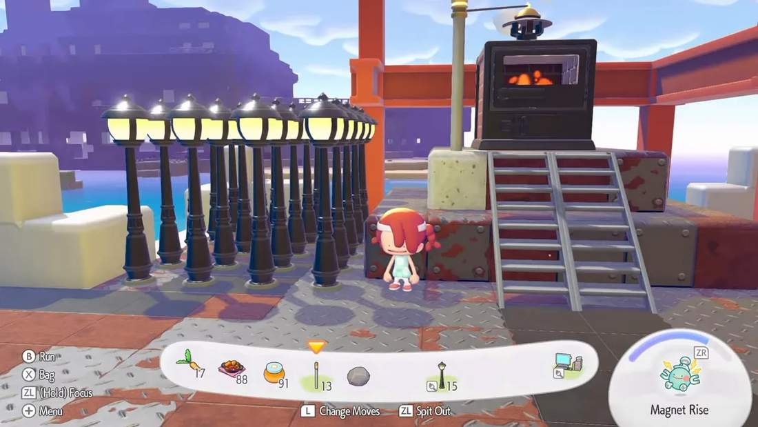 Pokopia furnace powering a long row of street lamps on utility poles