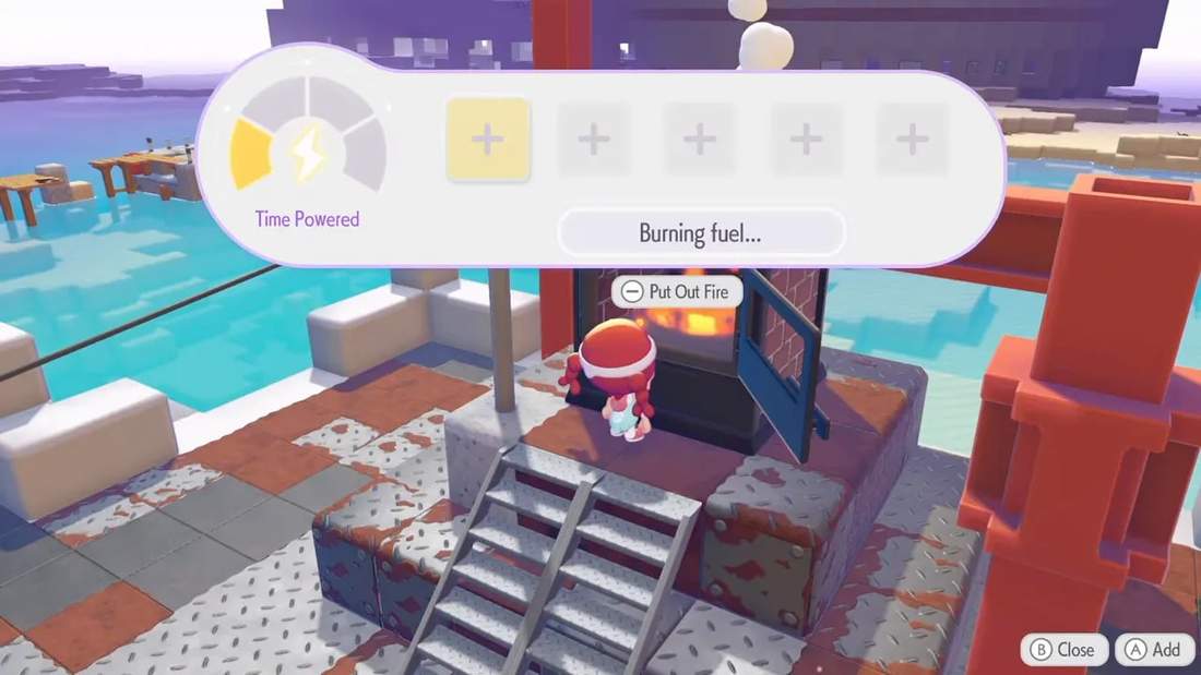 Pokopia furnace interface showing time powered while burning fuel