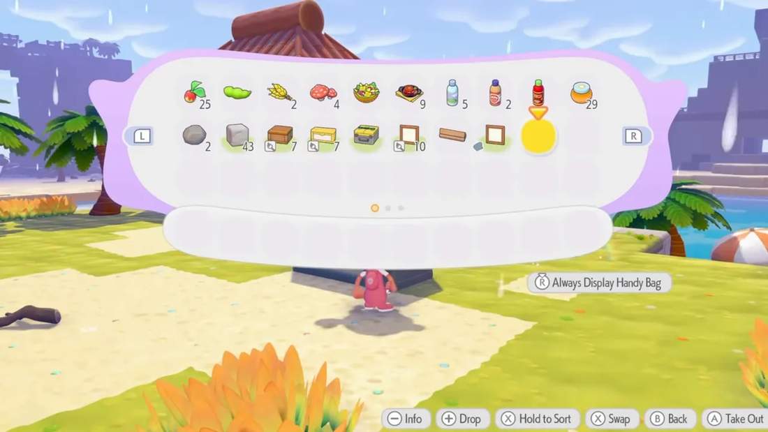 Pok&eacute;mon Pokopia inventory screen showing paint and materials needed for dyeing storage items