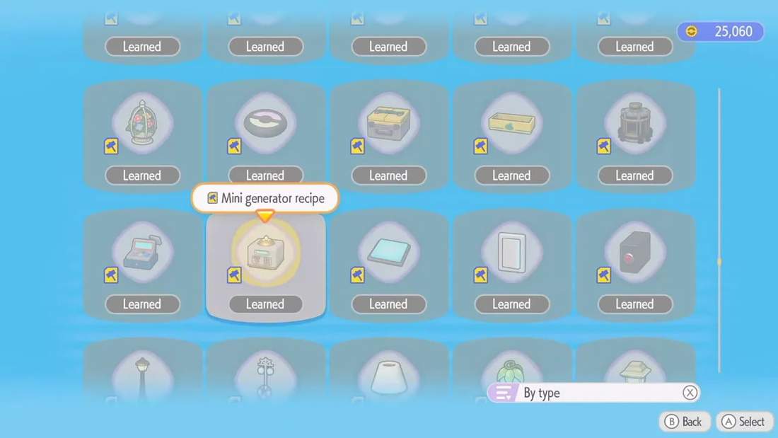 Pokopia crafting list highlighting the mini generator recipe