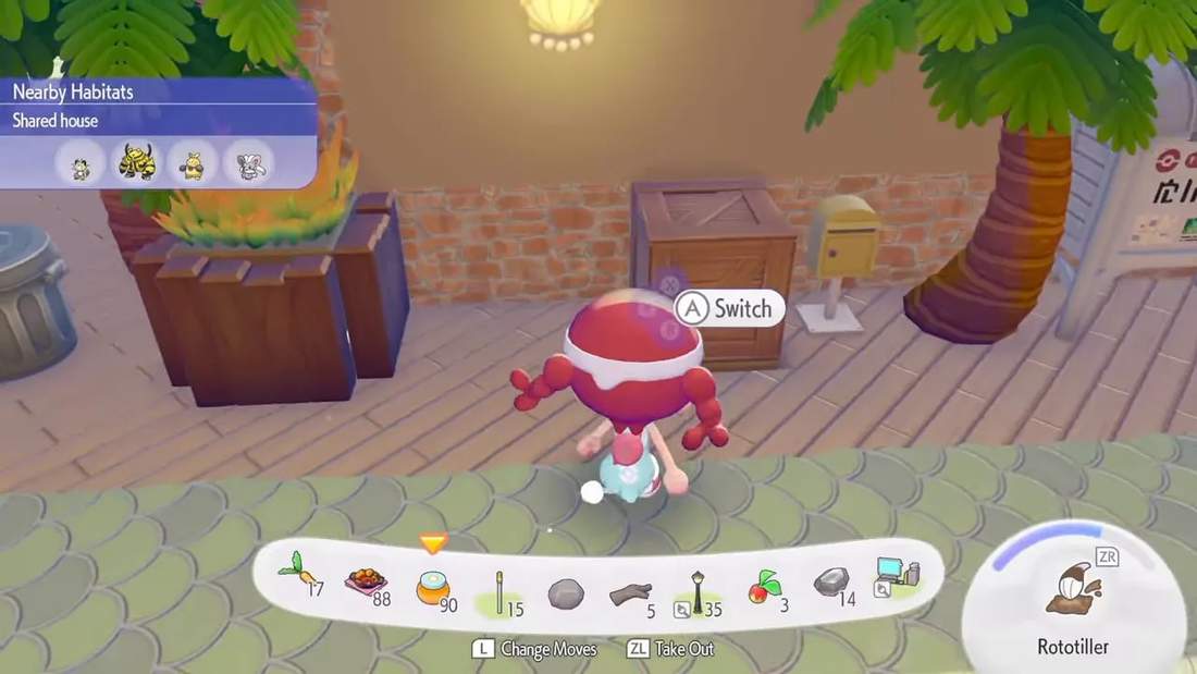 Pokopia scene with a wireless power transmitter switch prompt during gameplay