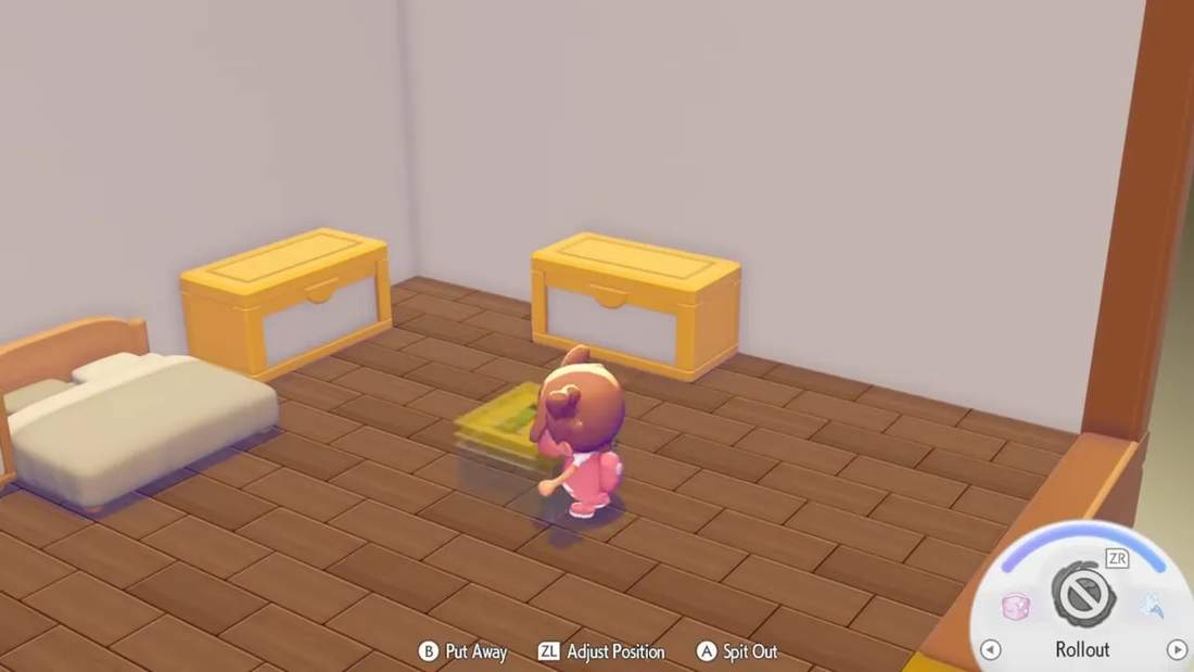 Pok&eacute;mon Pokopia character viewing two storage chests in a preset house room