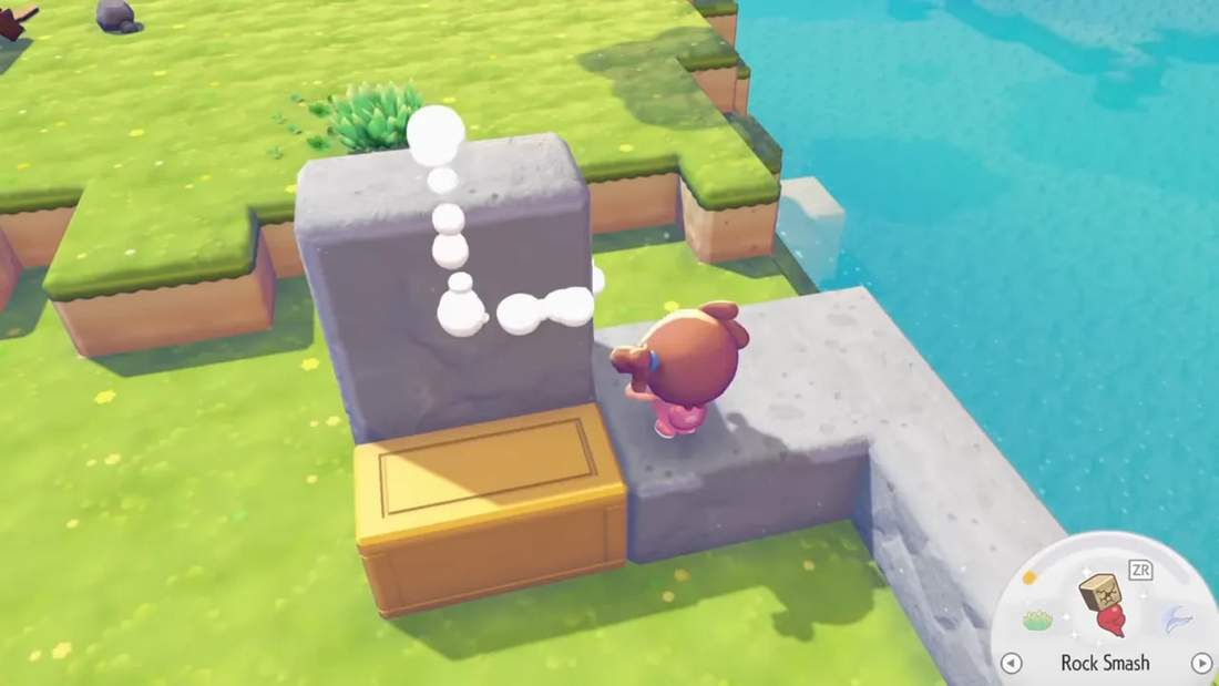 Top view of Pokopia stair-step storage wall with chests and frame labels