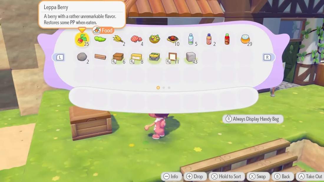 Pokopia storage chest inventory interface displaying items and quantities