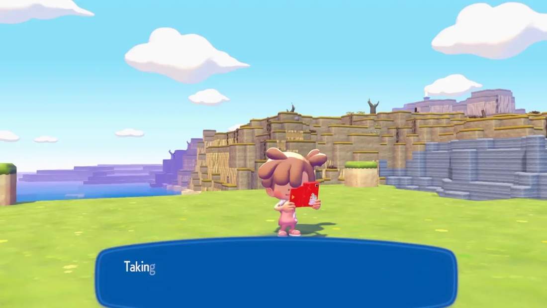 Player character holding a menu near a storage area by the island cliff wall in Pok&eacute;mon Pokopia
