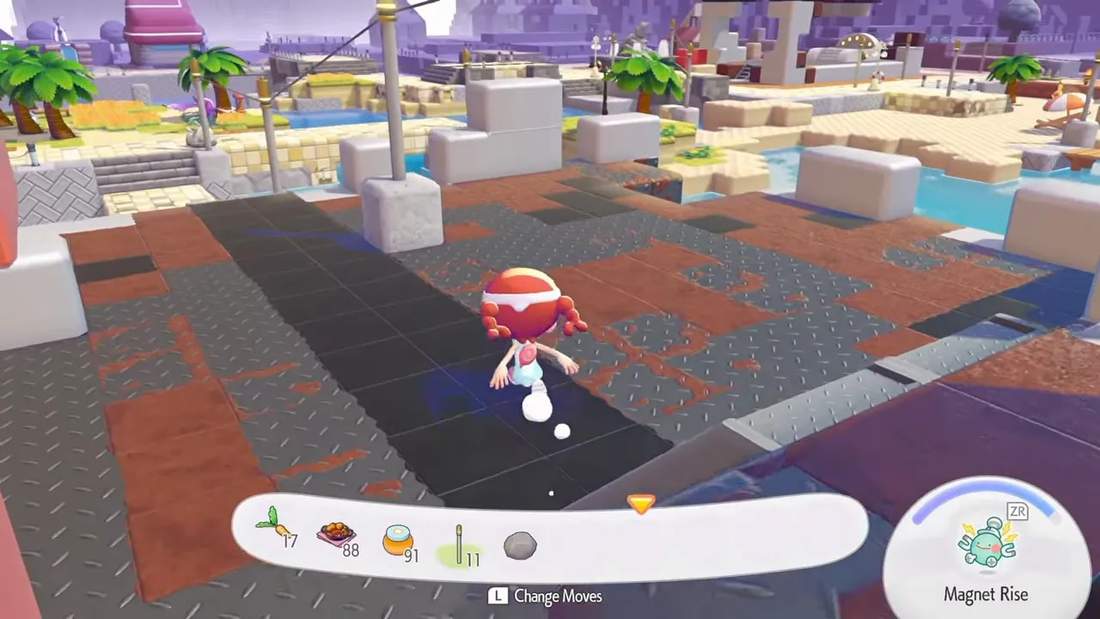 Pokopia utility pole wiring powering street lamps across a rooftop test area