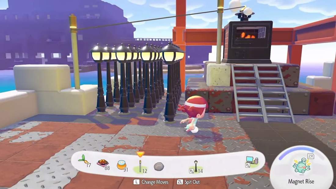 Pokopia utility poles connected to a furnace with a power line extending outward