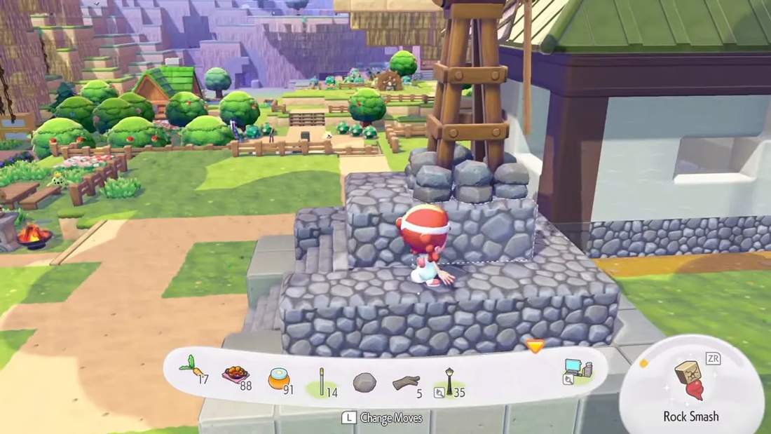 Pokopia windmill generator on a raised platform with surrounding area for elevation context