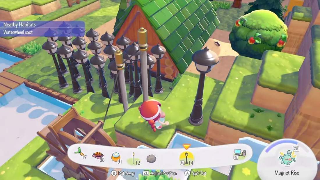 Pokopia wide view of wireless transmitters and nearby power consumer lights around a habitat