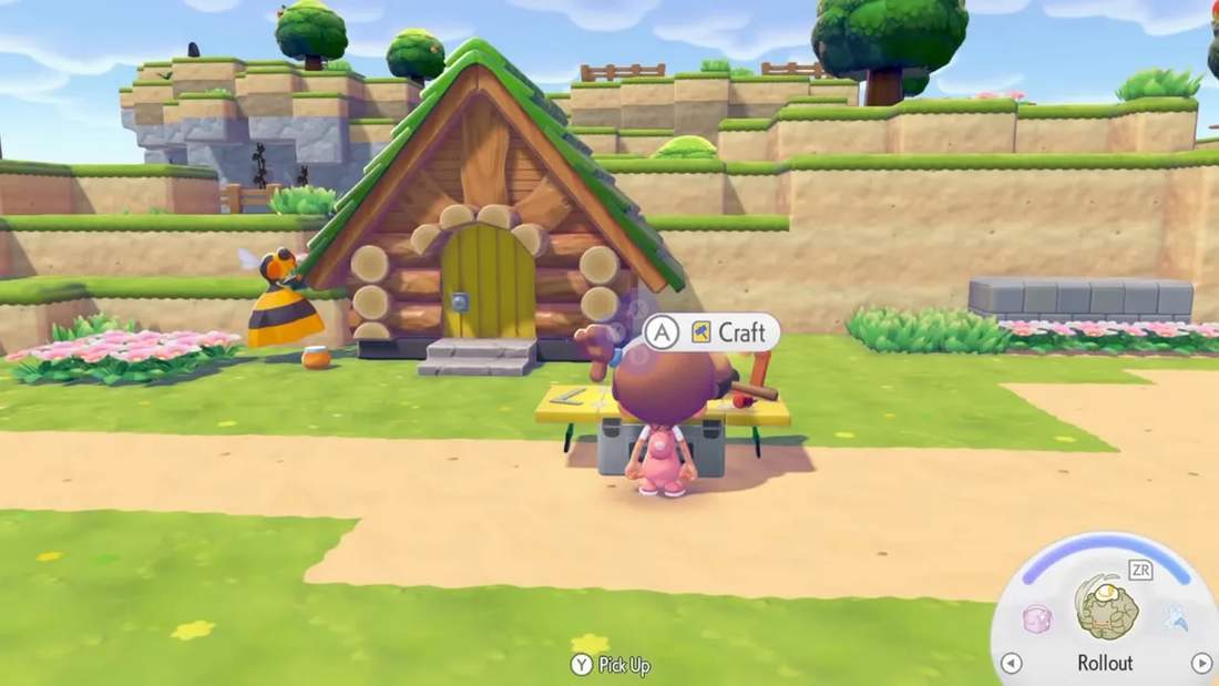 Pok&eacute;mon Pokopia workbench with storage chest placed flush for resource pulling