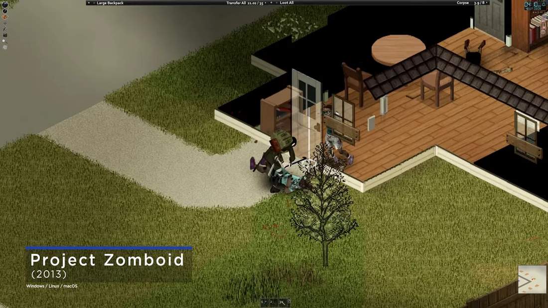 Project Zomboid gameplay screenshot showing a character in a building interior with combat action near the doorway