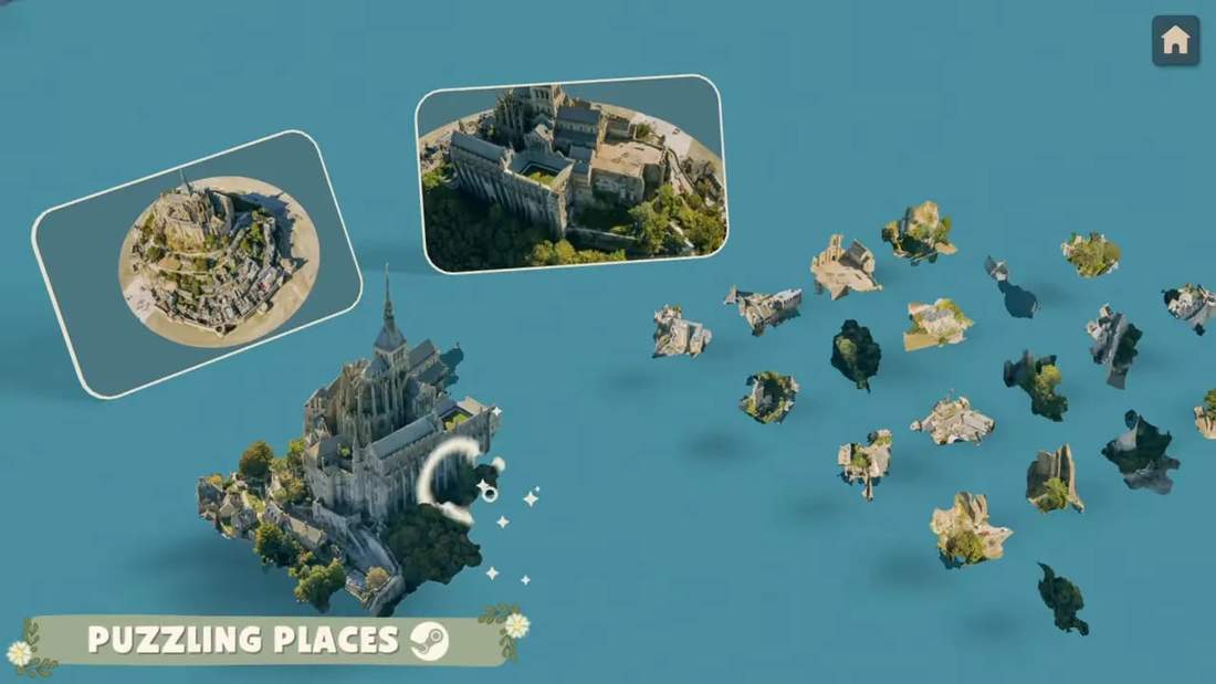 Puzzling Places puzzle pieces floating over a scenic city landmark map view