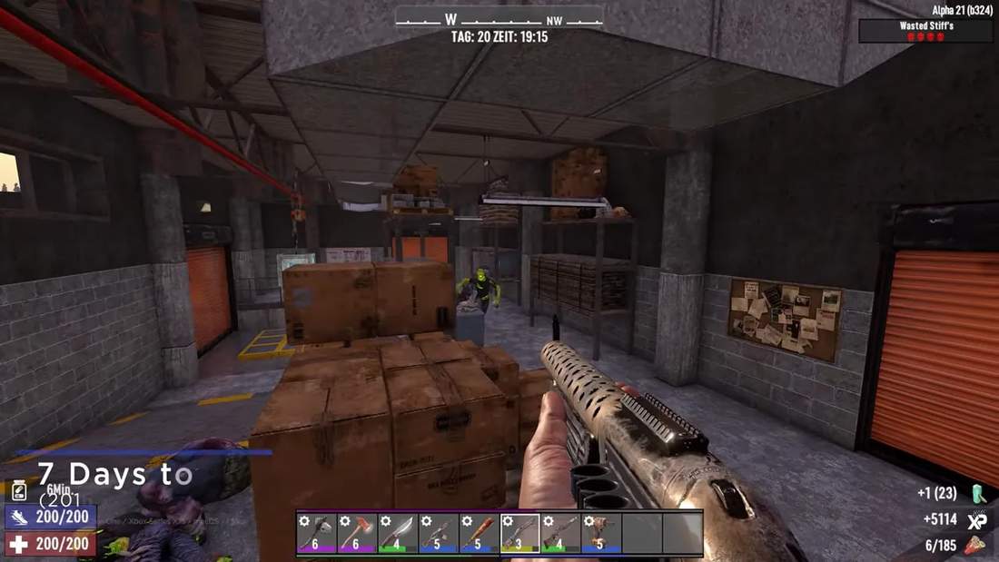 Seven Days to Die gameplay screenshot showing a shotgun ready in a fortified base corridor with crates and a HUD timer