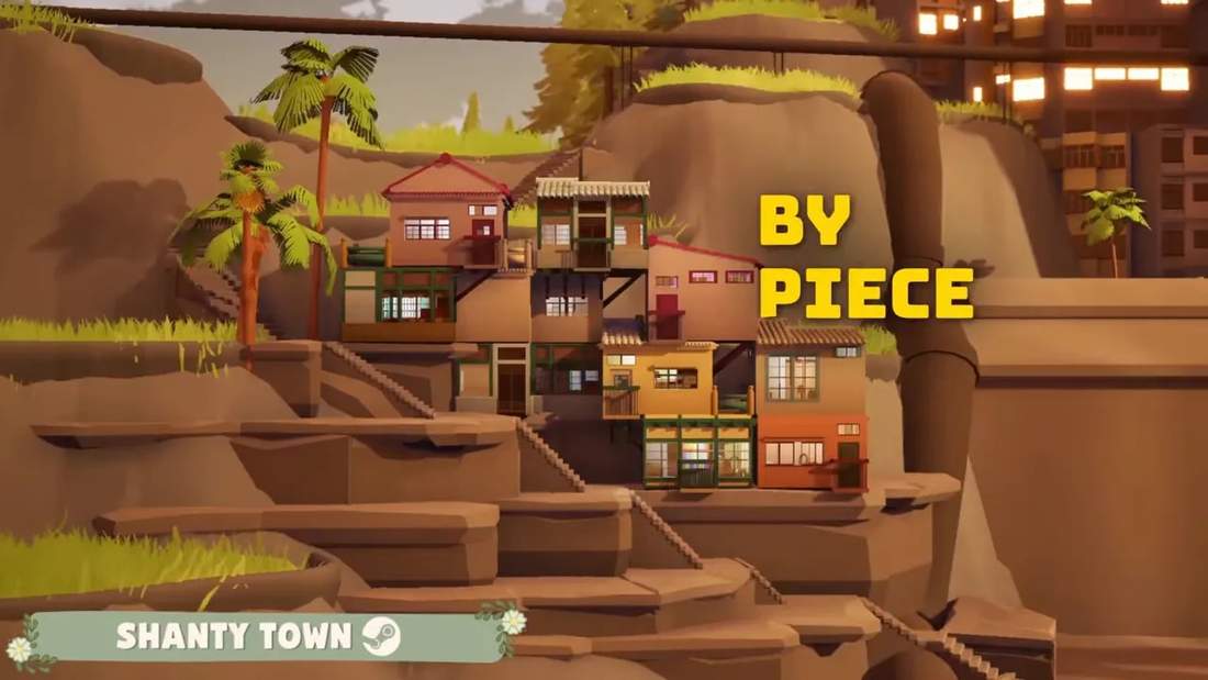 Shanty Town screenshot showing stacked houses in a canyon-like diorama neighborhood