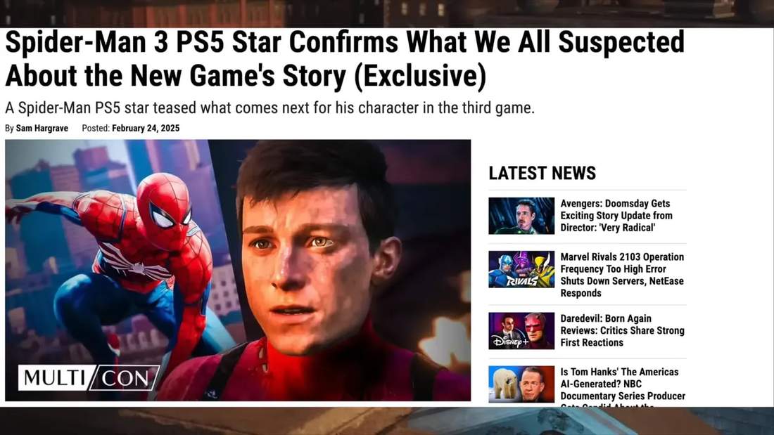 Spider-Man 3 news screenshot showing Spider-Man and a Spider-Man PS5 storyline tease
