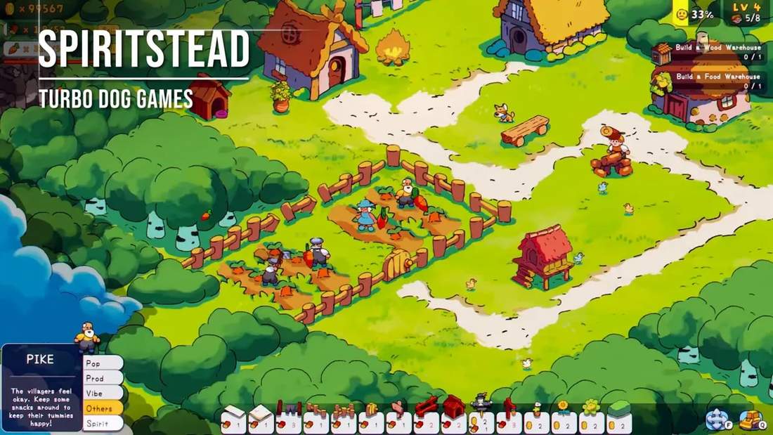 Spiritstead settlement with villagers and buildings around cleared village paths