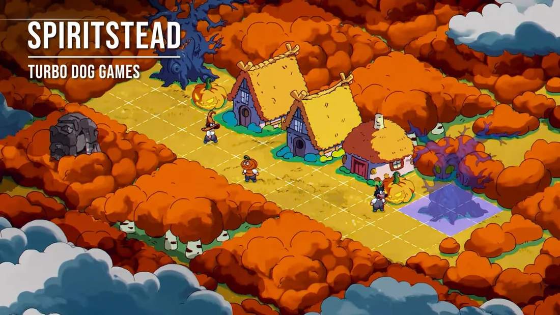 Spiritstead isometric village with multiple characters, buildings, and magical terrain