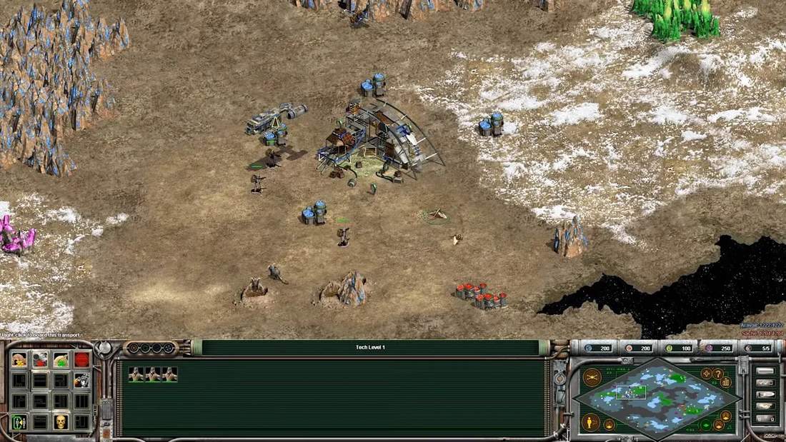 Star Wars Galactic Battlegrounds early base view showing tech level, unit bar, and minimap