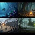 Cinematic collage of underwater, forest survival, tense PvP, and survival-horror environments with dramatic lighting and no text.
