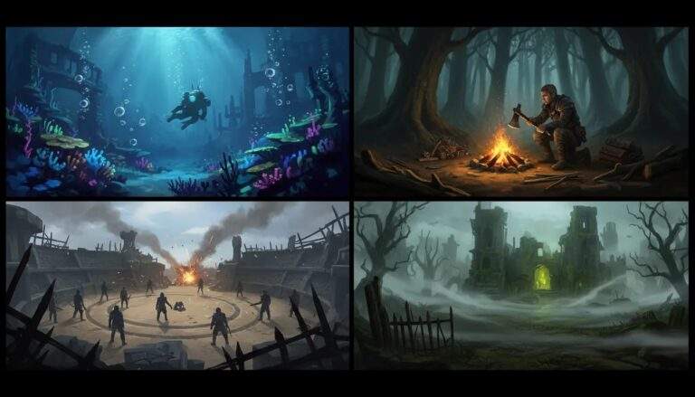 Cinematic collage of underwater, forest survival, tense PvP, and survival-horror environments with dramatic lighting and no text.