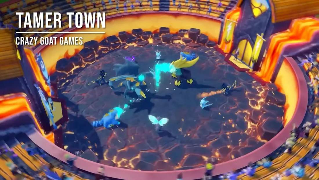 Tamer Town gameplay showing Moketons battling inside a fiery circular arena