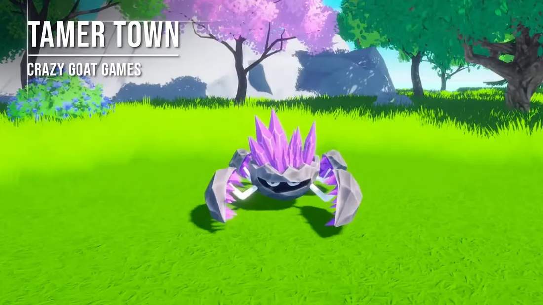 Tamer Town screenshot of a small armored Moketon creature on a grassy field