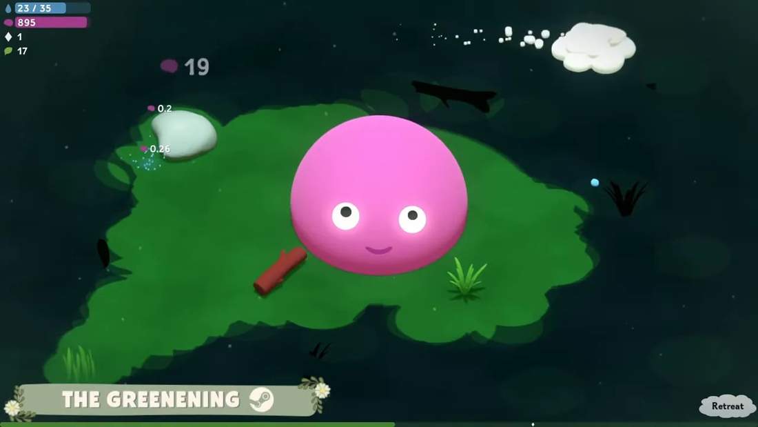 Pink blob character standing on a glowing green island with plants in The Greening