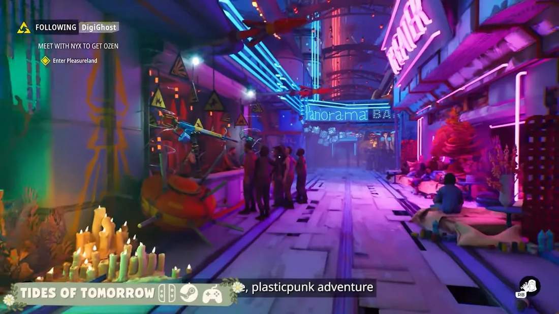 Neon-lit exploration scene from Tides of Tomorrow with quest interface on screen