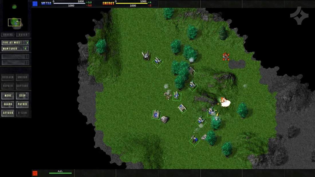 Total Annihilation battlefield with units engaged near terrain and explosions