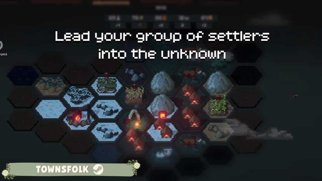 Townsfolk game screen showing a hex-tile settlement layout with the instruction to lead settlers