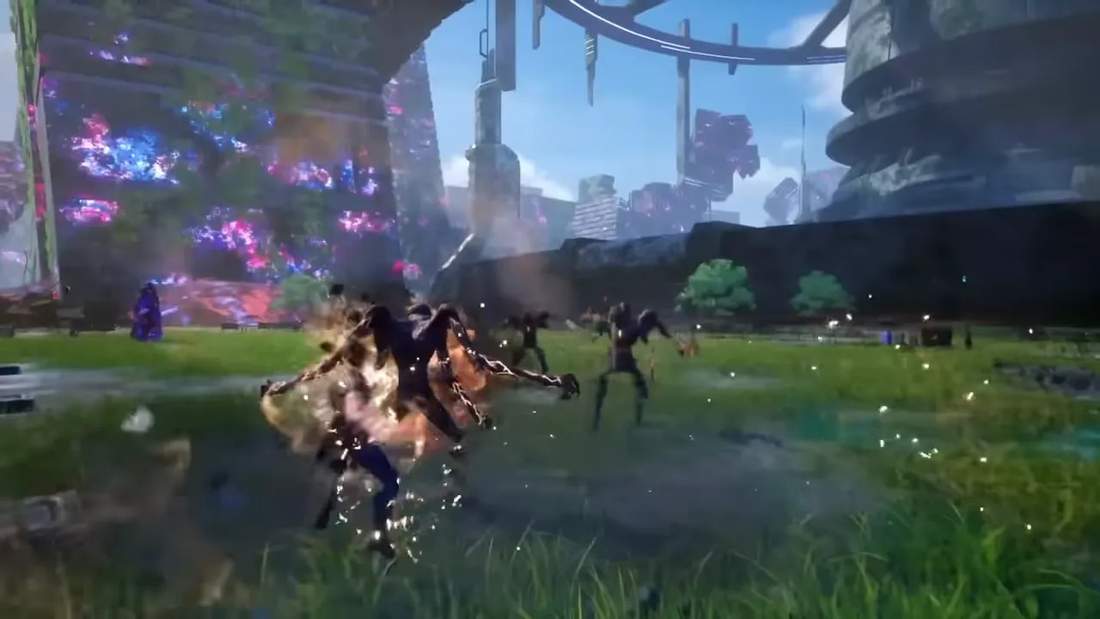 Open-world combat in Undefeated: Genesis with a hero launching attacks amid massive alien structures