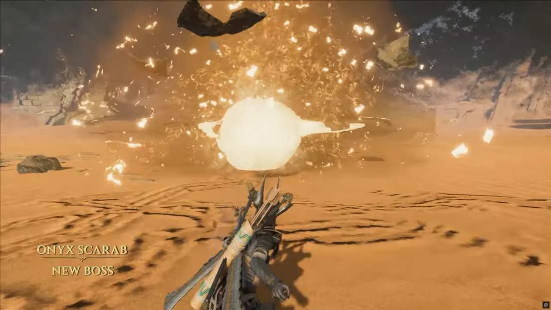 On-screen boss fight with bright explosion and sparks in a desert biome, Valheim-style
