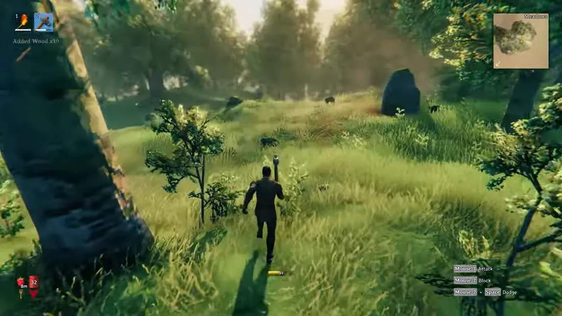 Valheim third-person view of a character running through a grassy forest area with the Meadows map on screen