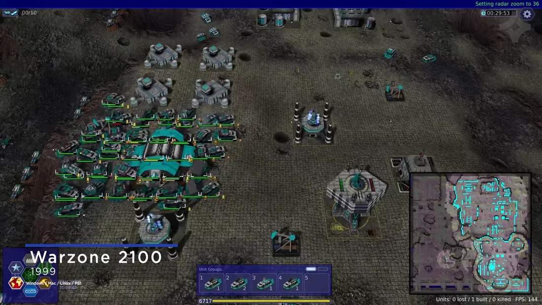 Warzone 2100 gameplay with an army formation and minimap during base setup