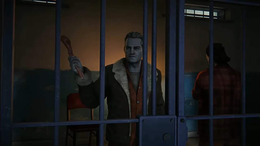 Character holding a weapon behind prison bars with another person in the background