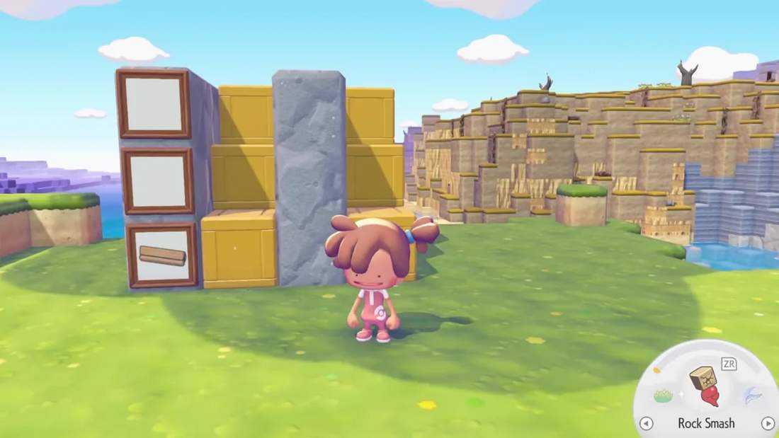 Clear wide shot of stacked stair-step storage wall with labeled frames and chests in Pok&eacute;mon Pokopia