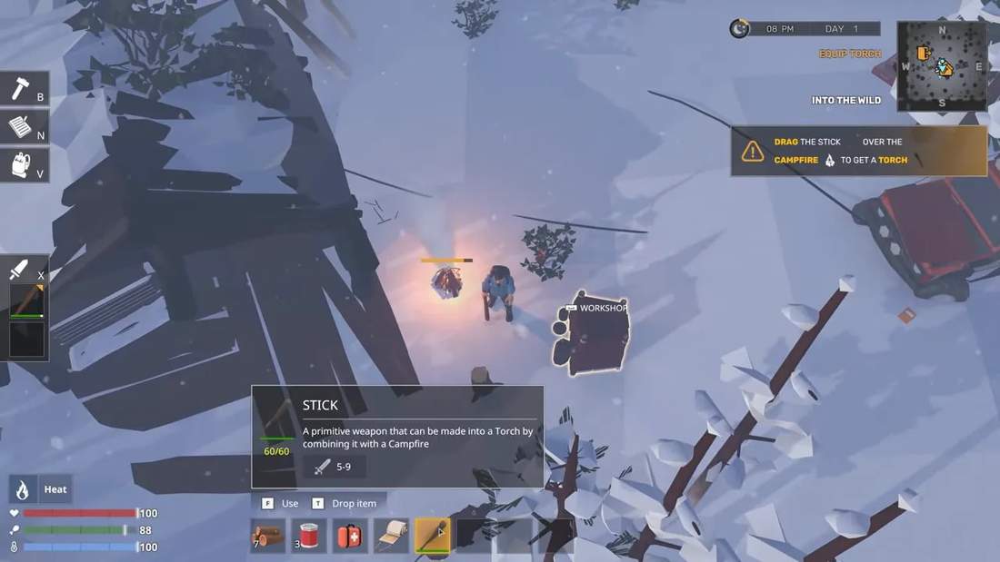 The Wild Eight gameplay showing a stick item tooltip while preparing to equip a torch in a snowy environment