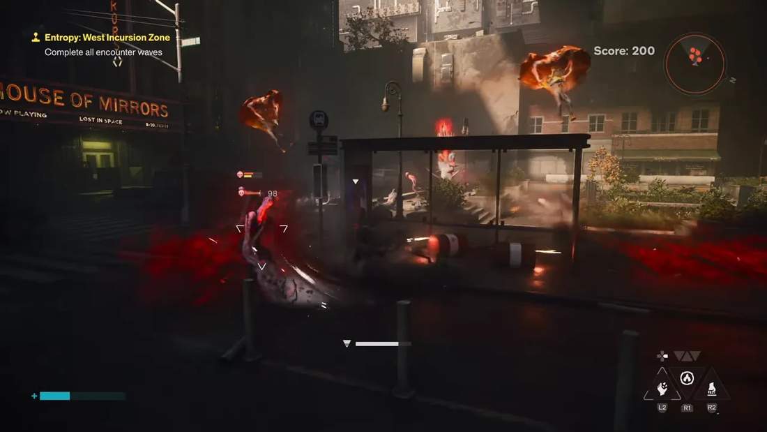 Character attacking enemies in a dark city street with fire and red effects
